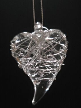 Clear Glass Heart Pendant Ornament Wrapped in Silver Wire
